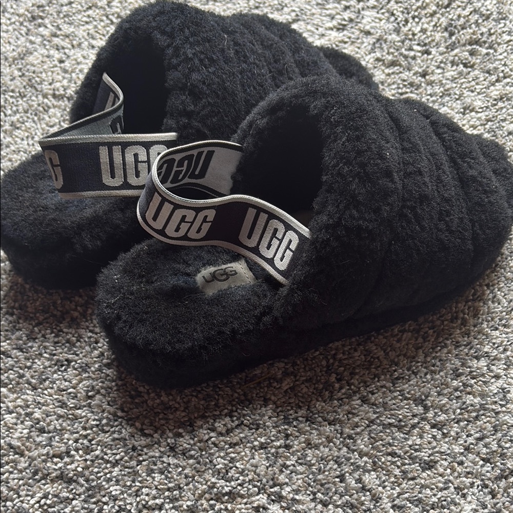 UGG Black Fluffy Slippers